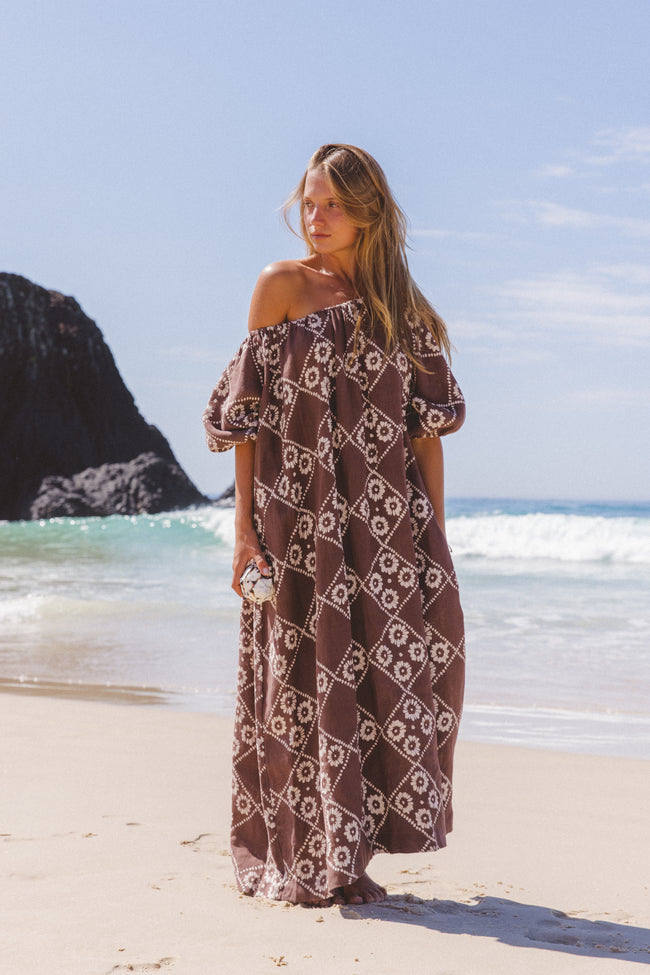 Jasmine Midi Dress - Shell | Artisan Handcrafted Block Print Dress DOI Jasmine Midi Dress - Shell | Artisan Handcrafted Block Print Dress DOI