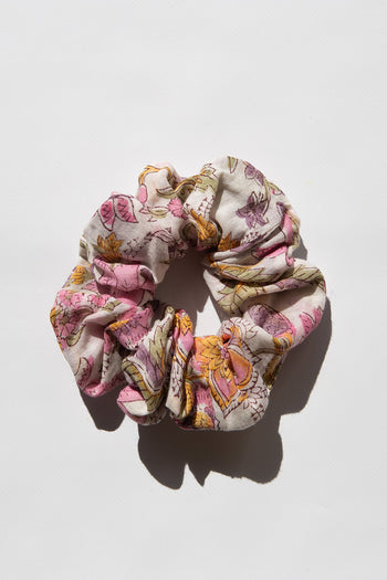 Daughters of India Upcycled Scrunchie in Fuchsia Bloom, a bright pink floral print hair scrunchie made from upcycled cotton fabric