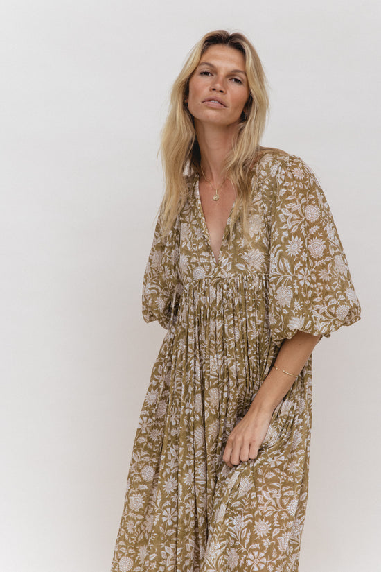 Daughters of India Kyra Maxi Dress in Olive — studio upper body V-neckline and billowed sleeves, gathered waist