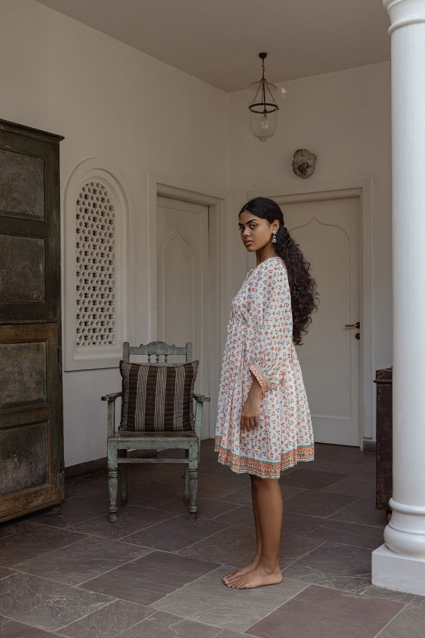 Kyra Mini Dress ~ Coral | Block Printed by Hand in India – DOI