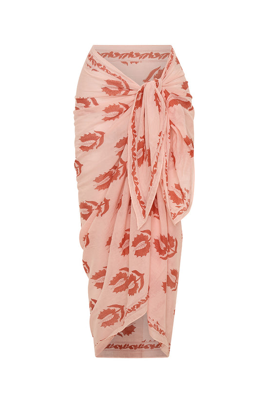 Ria Sarong Cherry Blossom — ghost mannequin full length front view tied at waist, cherry blossom pink hand block print cotton sarong with coral lotus motifs showing full drape, white background | Daughters of India